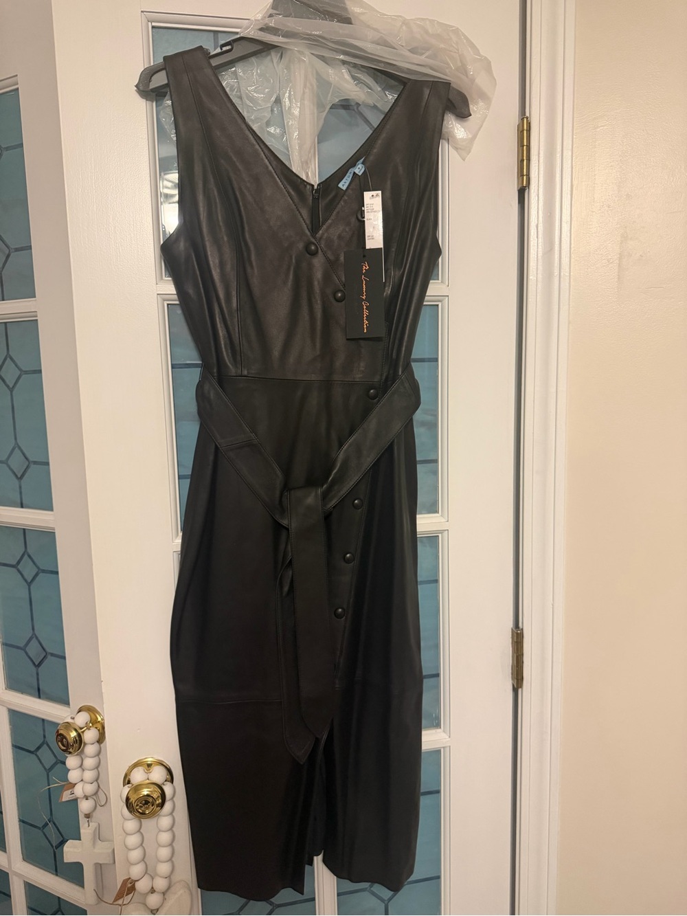 ANTONIO MELANI Black Faux Leather Midi Dress with Waist Tie